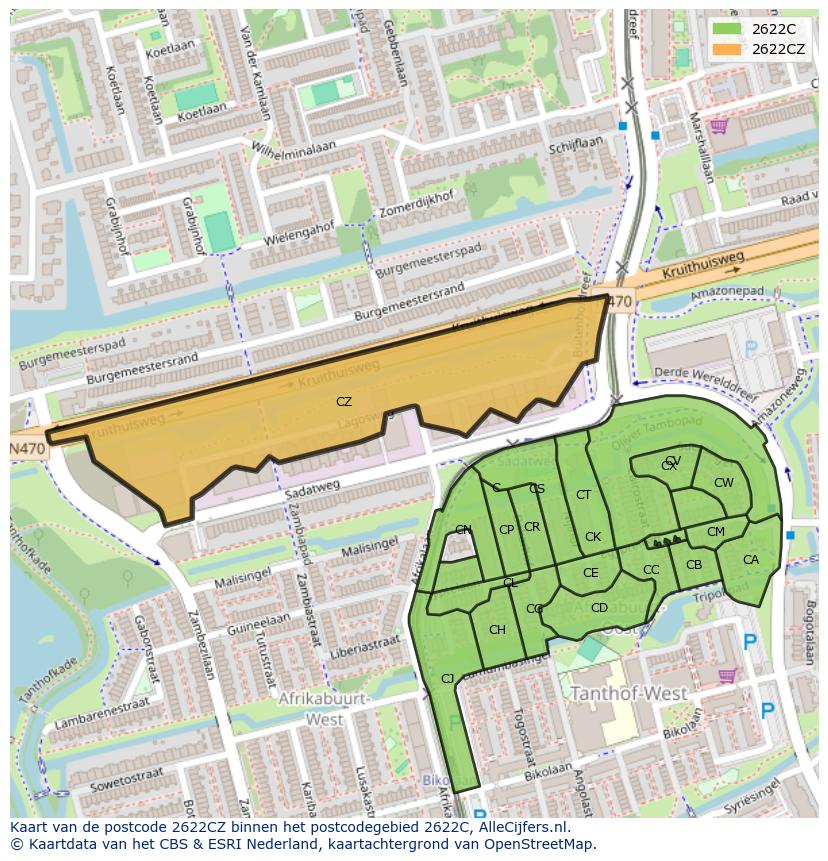 Afbeelding van het postcodegebied 2622 CZ op de kaart.