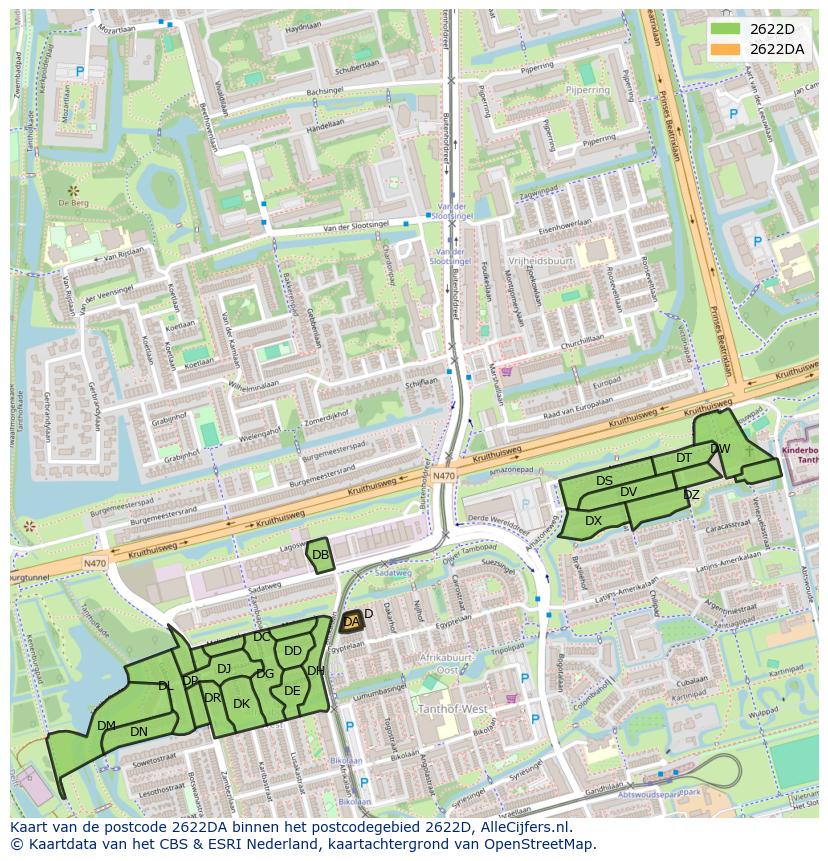 Afbeelding van het postcodegebied 2622 DA op de kaart.