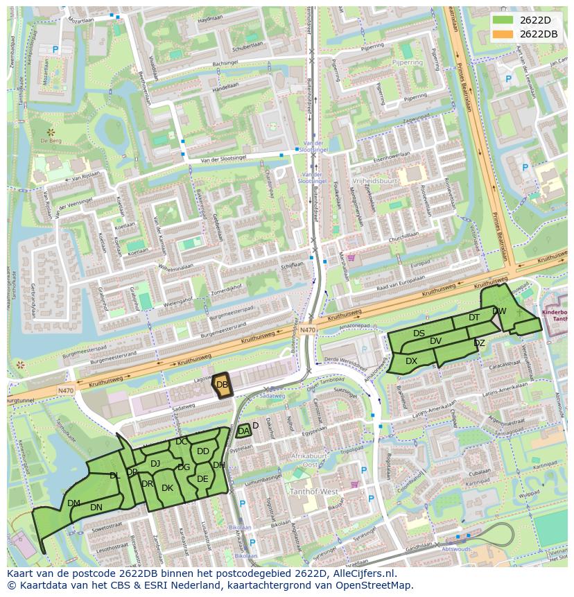 Afbeelding van het postcodegebied 2622 DB op de kaart.