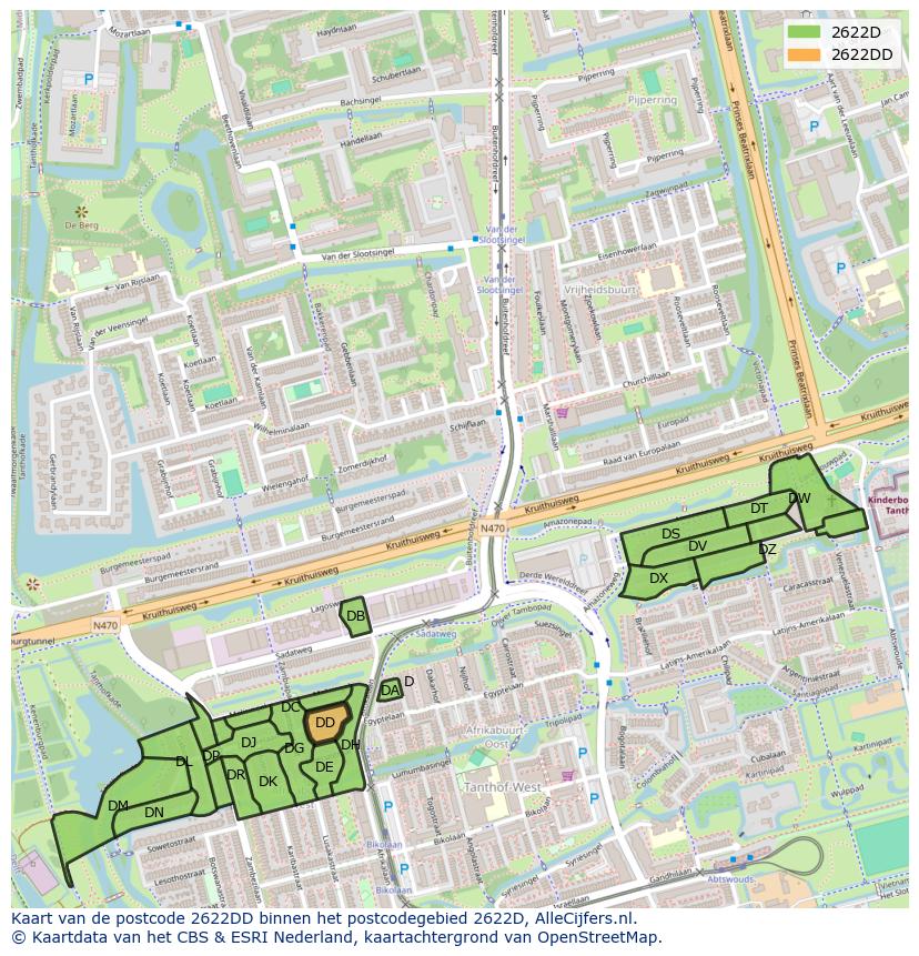 Afbeelding van het postcodegebied 2622 DD op de kaart.