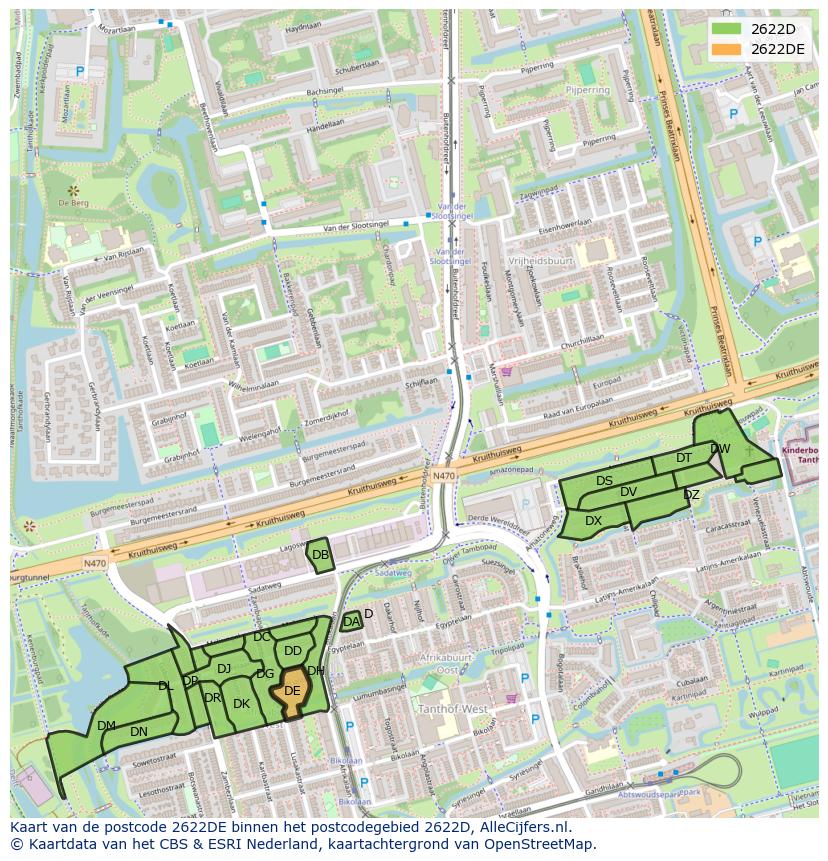 Afbeelding van het postcodegebied 2622 DE op de kaart.