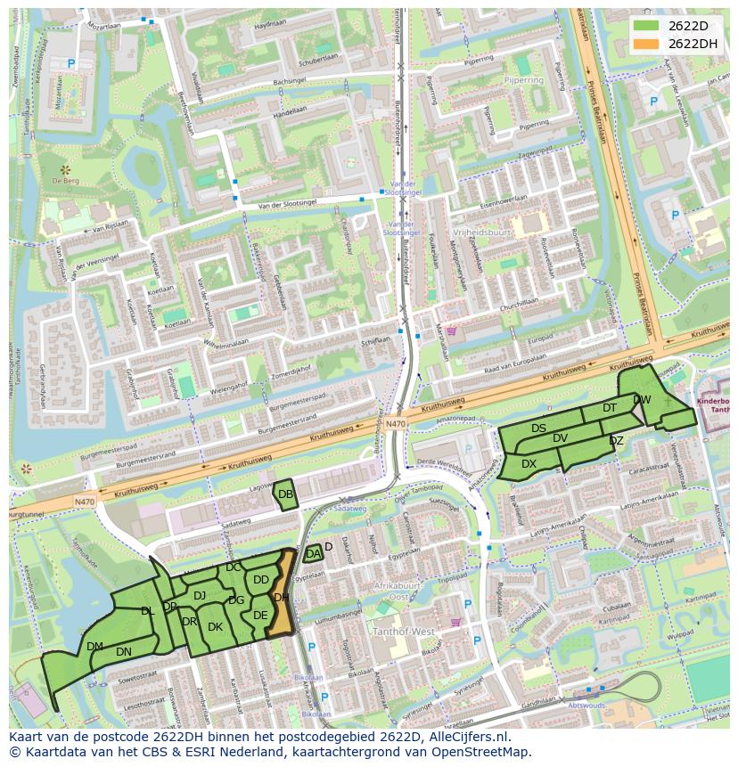 Afbeelding van het postcodegebied 2622 DH op de kaart.