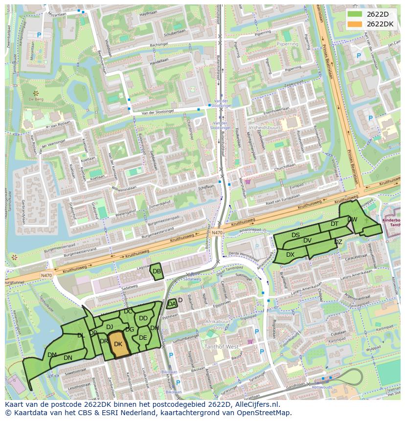 Afbeelding van het postcodegebied 2622 DK op de kaart.