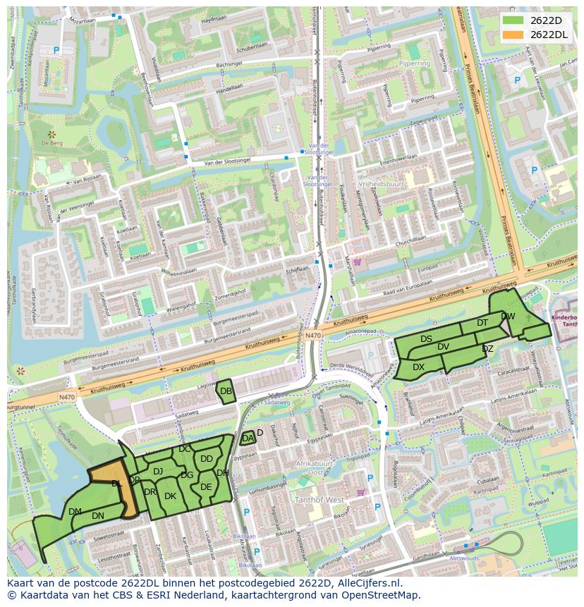 Afbeelding van het postcodegebied 2622 DL op de kaart.