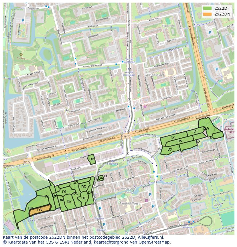 Afbeelding van het postcodegebied 2622 DN op de kaart.