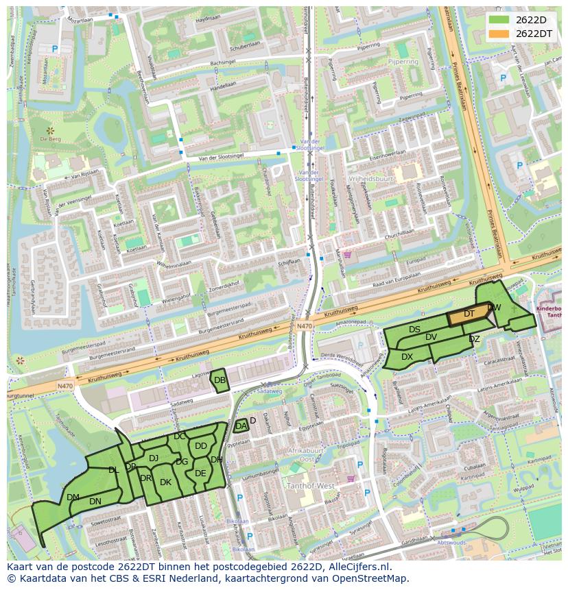 Afbeelding van het postcodegebied 2622 DT op de kaart.