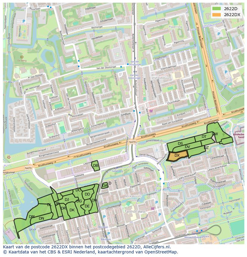 Afbeelding van het postcodegebied 2622 DX op de kaart.