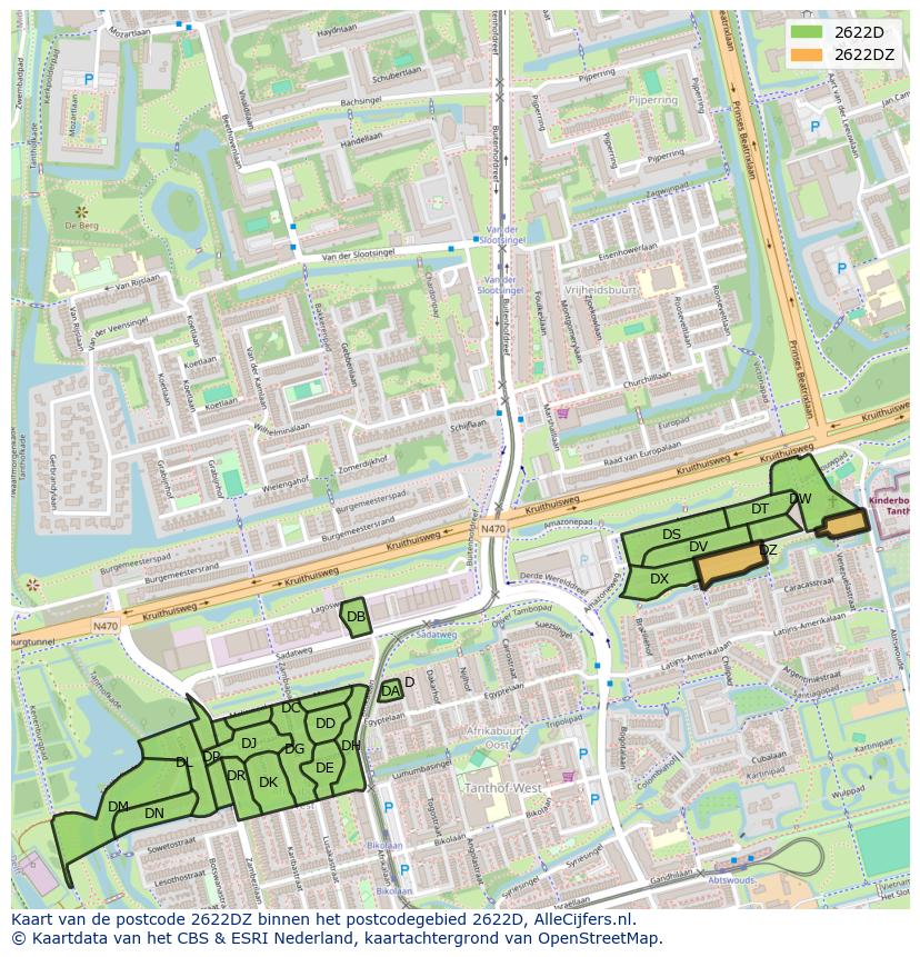 Afbeelding van het postcodegebied 2622 DZ op de kaart.