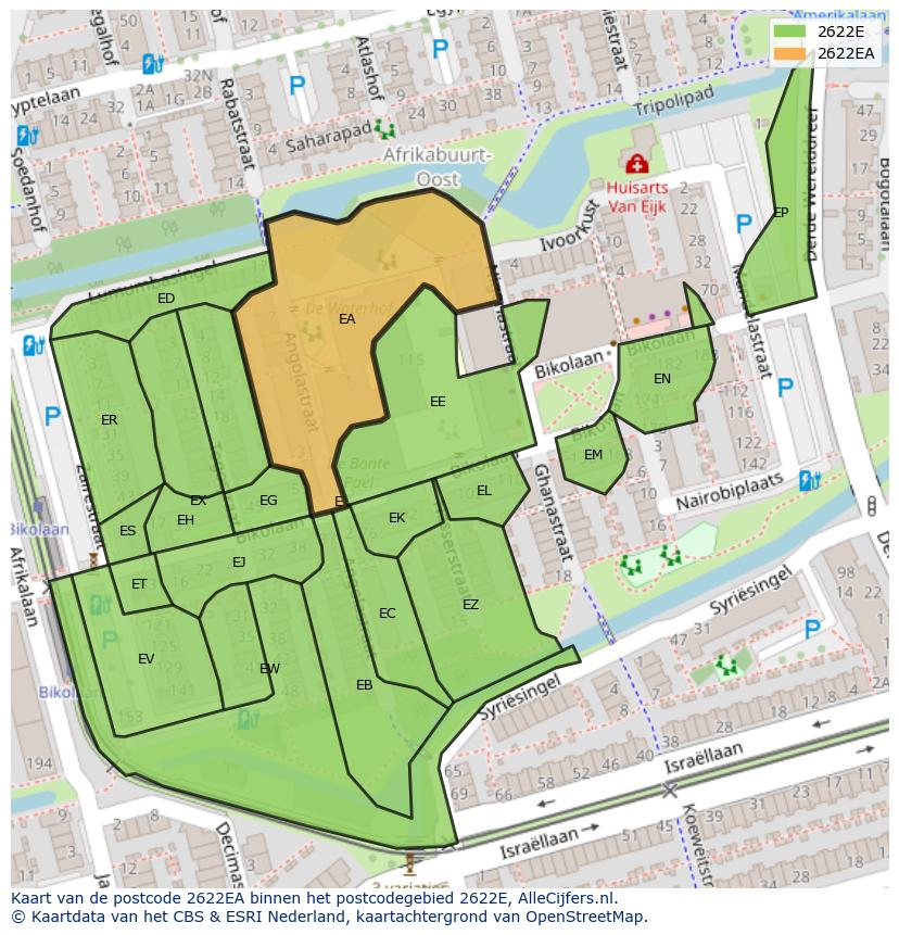 Afbeelding van het postcodegebied 2622 EA op de kaart.