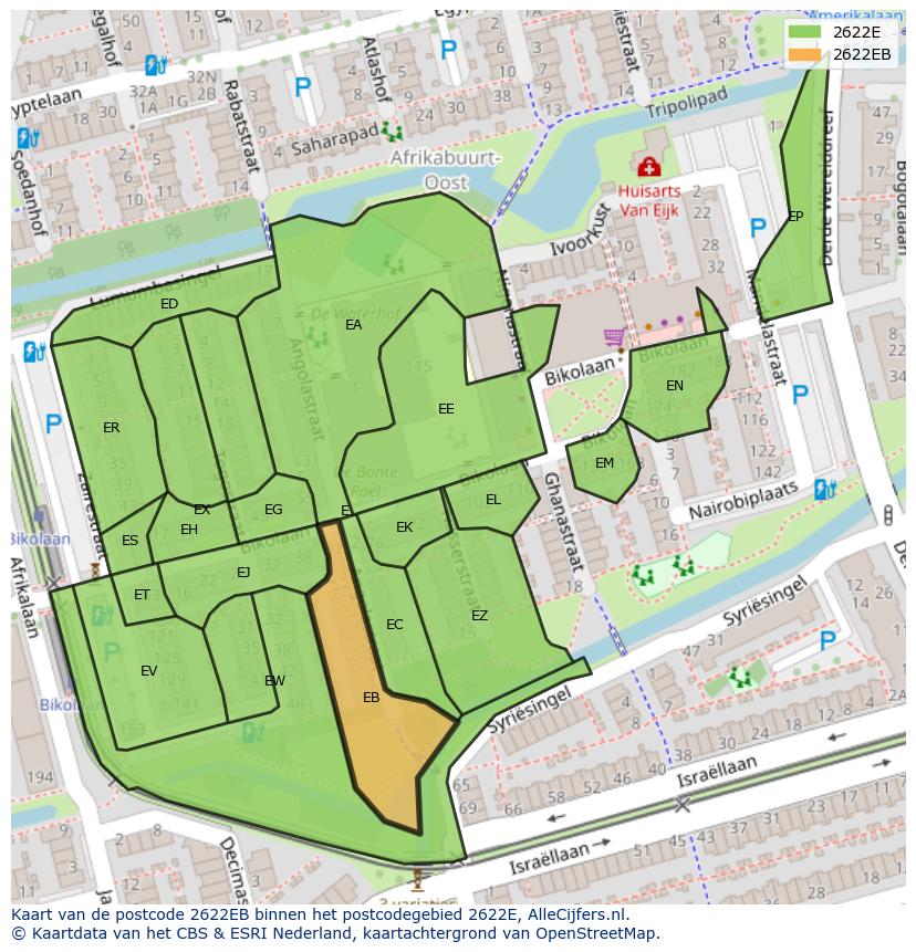 Afbeelding van het postcodegebied 2622 EB op de kaart.