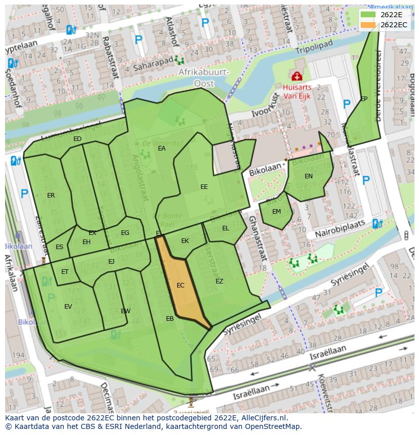 Afbeelding van het postcodegebied 2622 EC op de kaart.