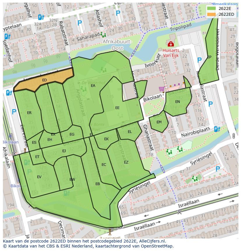 Afbeelding van het postcodegebied 2622 ED op de kaart.