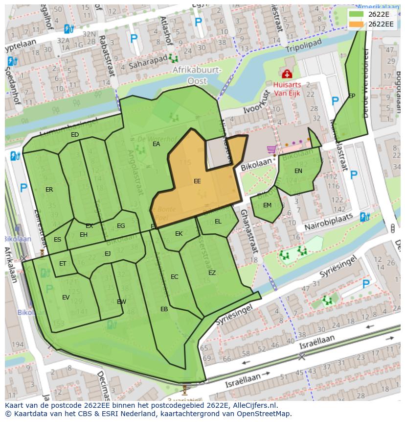 Afbeelding van het postcodegebied 2622 EE op de kaart.
