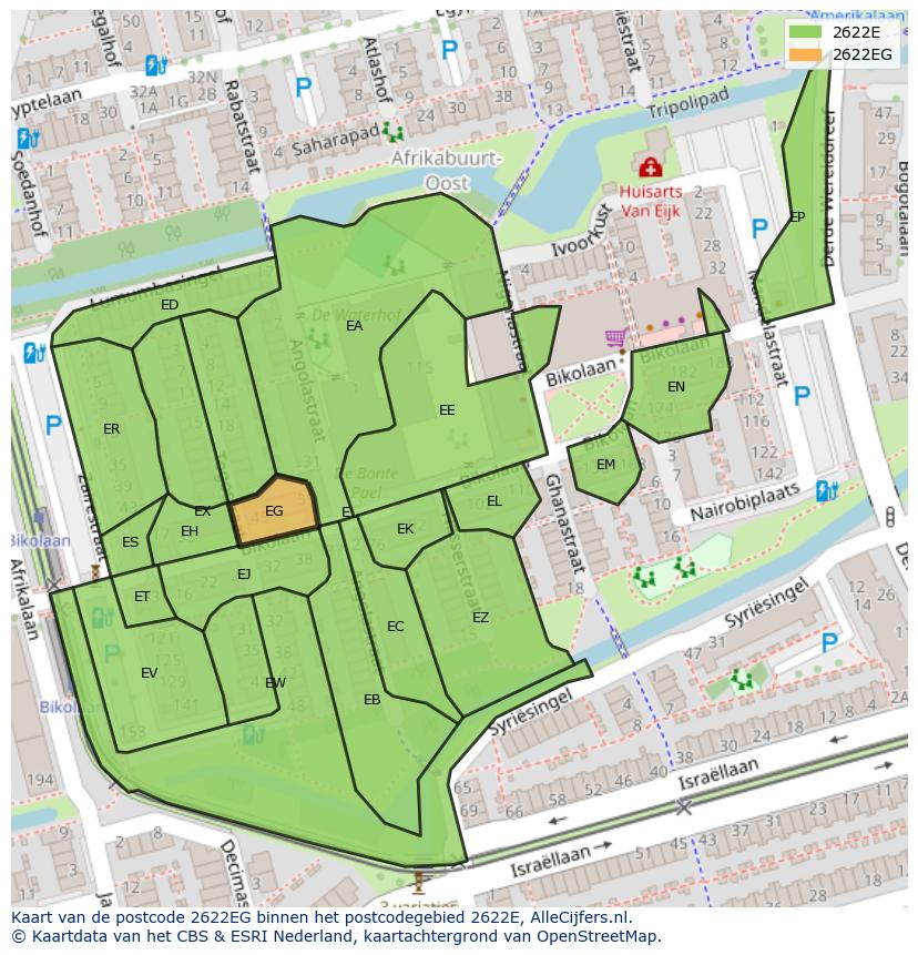 Afbeelding van het postcodegebied 2622 EG op de kaart.