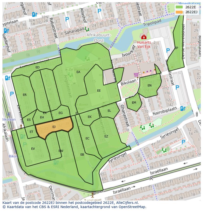 Afbeelding van het postcodegebied 2622 EJ op de kaart.