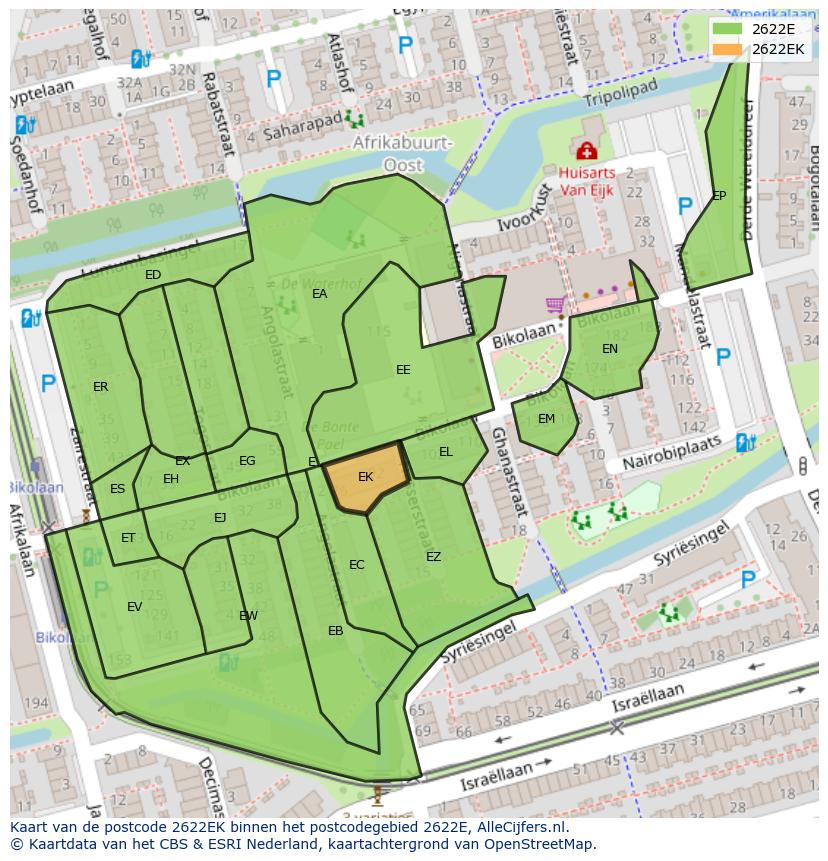 Afbeelding van het postcodegebied 2622 EK op de kaart.
