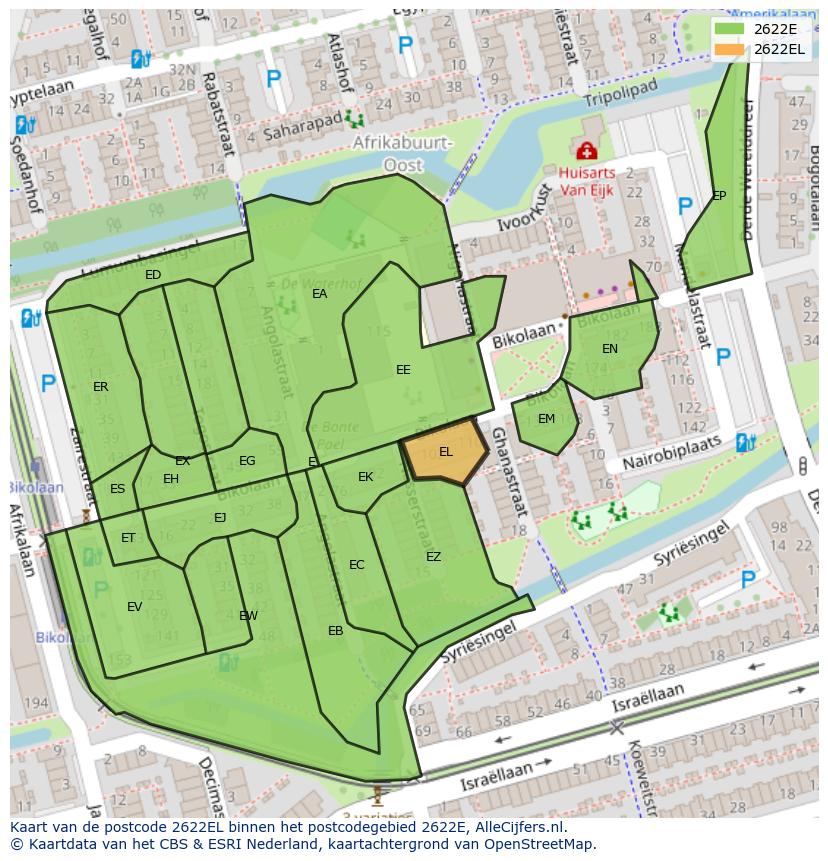 Afbeelding van het postcodegebied 2622 EL op de kaart.