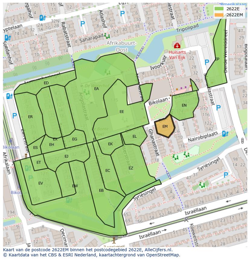 Afbeelding van het postcodegebied 2622 EM op de kaart.