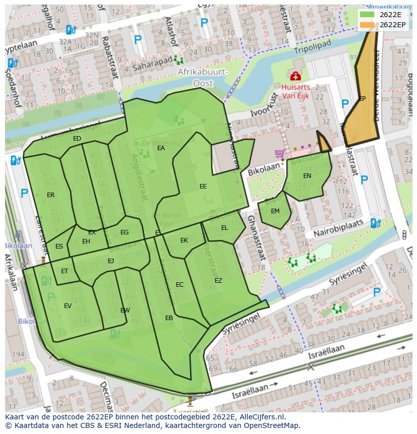 Afbeelding van het postcodegebied 2622 EP op de kaart.