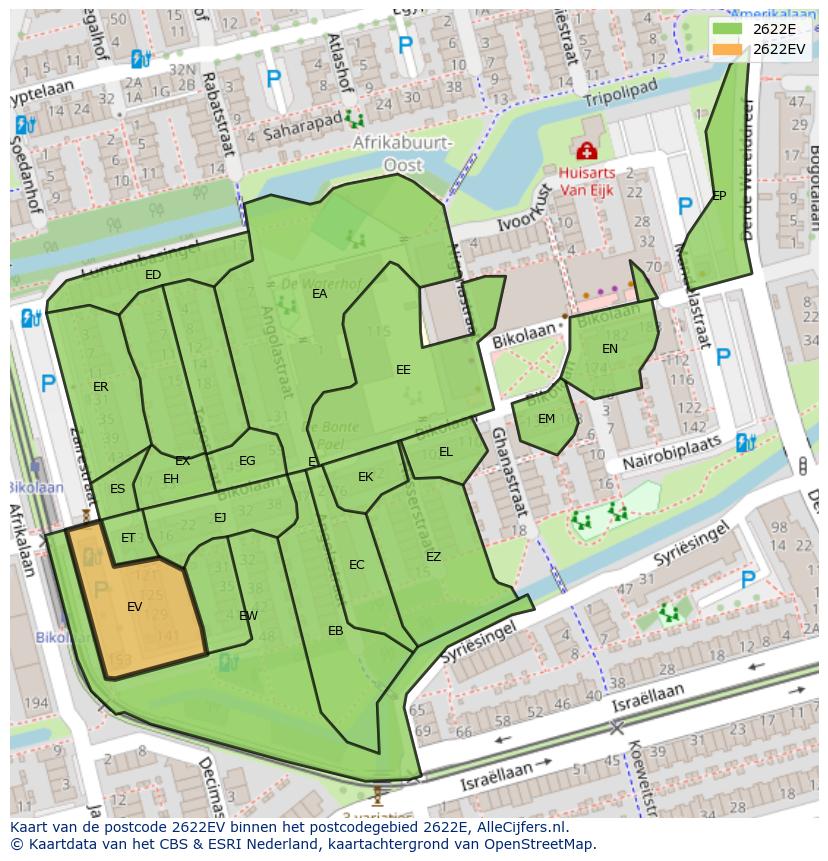 Afbeelding van het postcodegebied 2622 EV op de kaart.