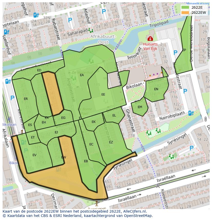 Afbeelding van het postcodegebied 2622 EW op de kaart.