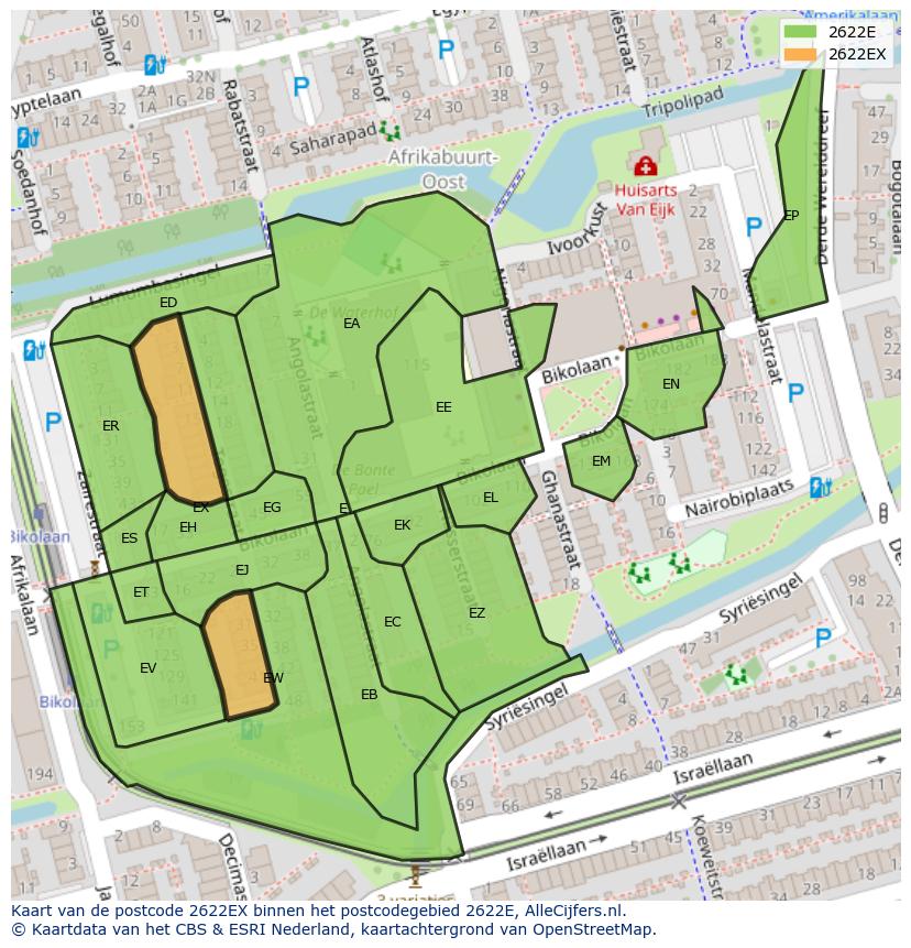 Afbeelding van het postcodegebied 2622 EX op de kaart.