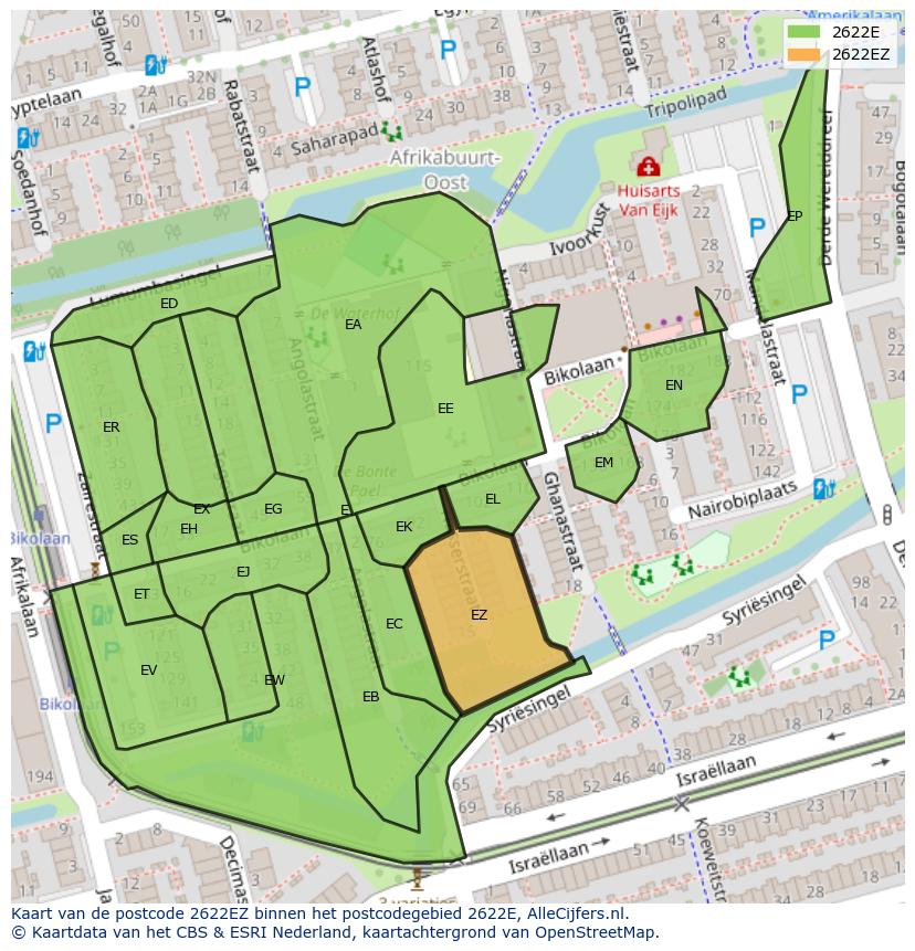 Afbeelding van het postcodegebied 2622 EZ op de kaart.