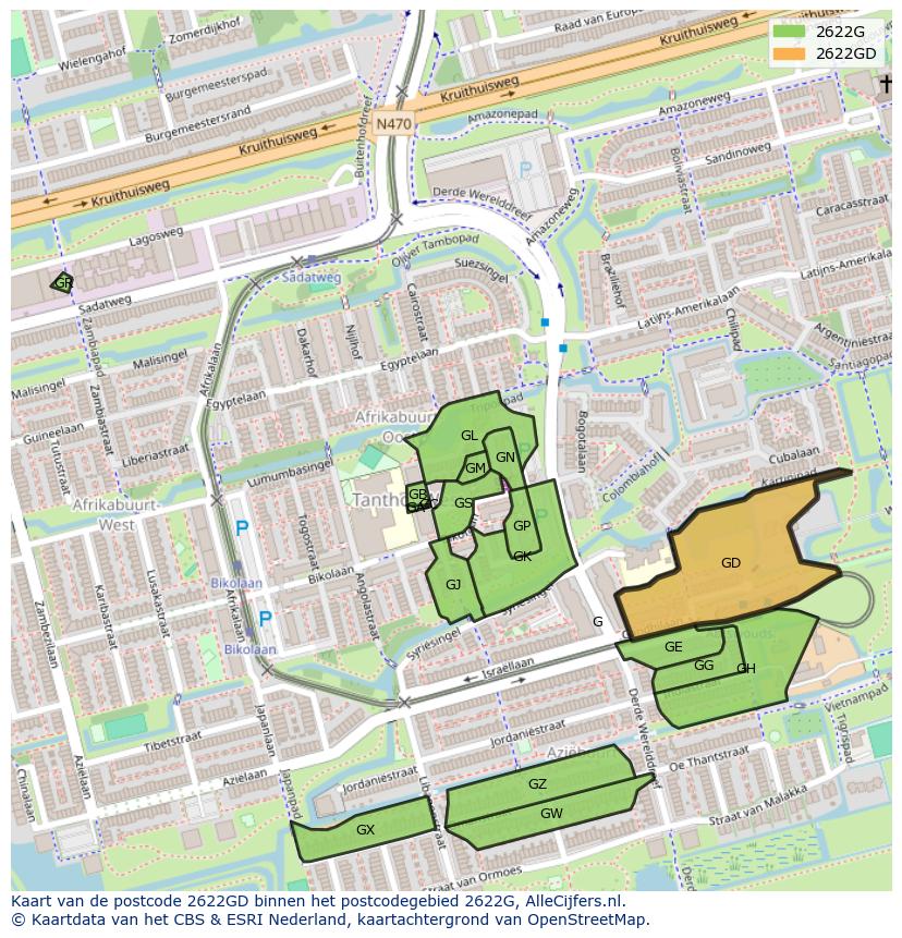 Afbeelding van het postcodegebied 2622 GD op de kaart.