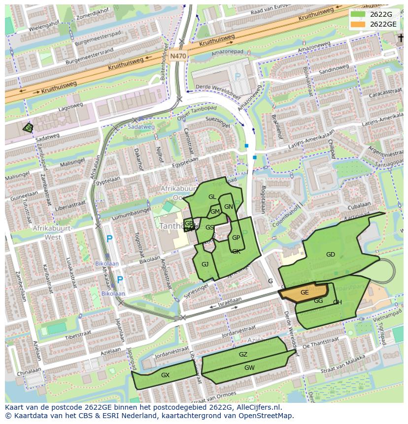 Afbeelding van het postcodegebied 2622 GE op de kaart.