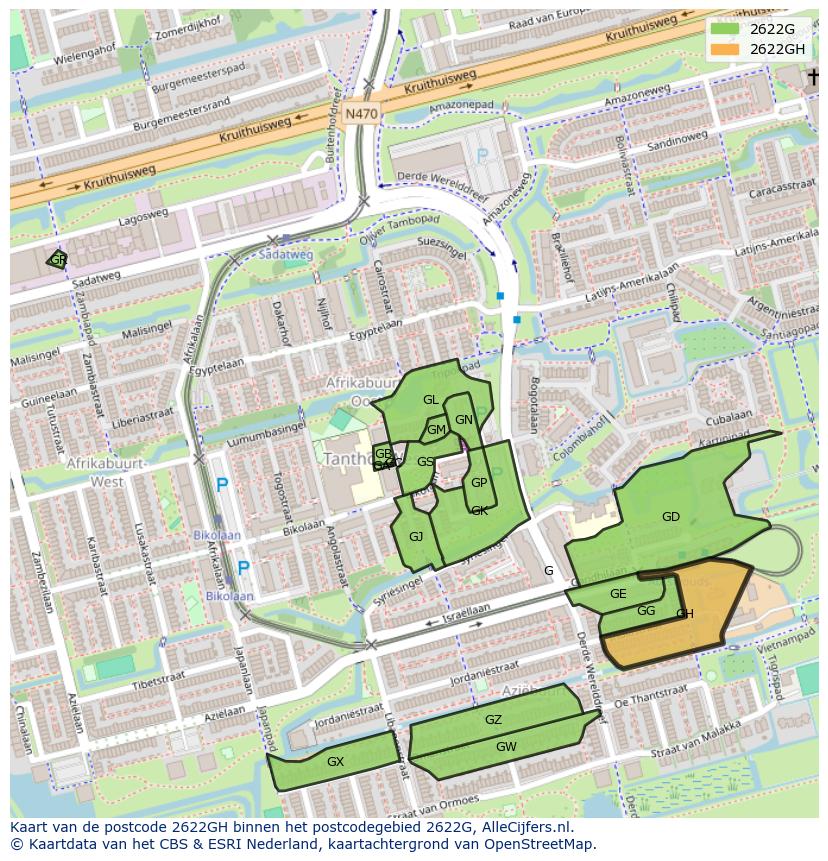 Afbeelding van het postcodegebied 2622 GH op de kaart.