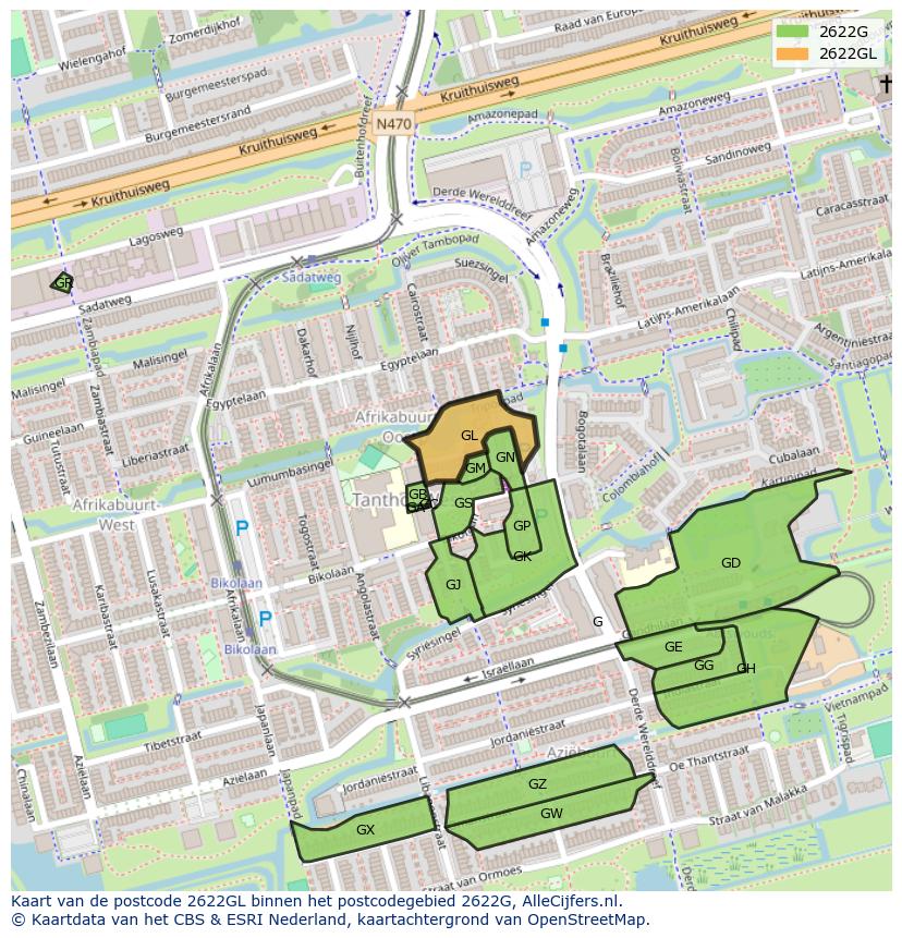 Afbeelding van het postcodegebied 2622 GL op de kaart.