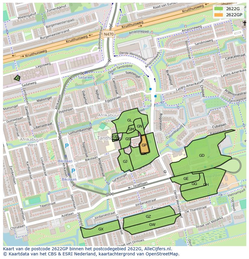 Afbeelding van het postcodegebied 2622 GP op de kaart.