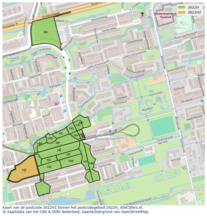Afbeelding van het postcodegebied 2622 HZ op de kaart.