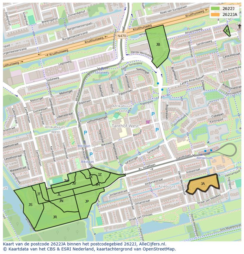 Afbeelding van het postcodegebied 2622 JA op de kaart.