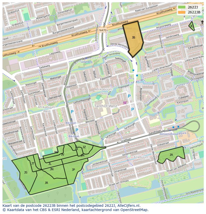 Afbeelding van het postcodegebied 2622 JB op de kaart.