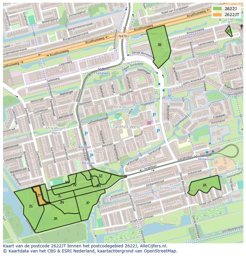 Afbeelding van het postcodegebied 2622 JT op de kaart.