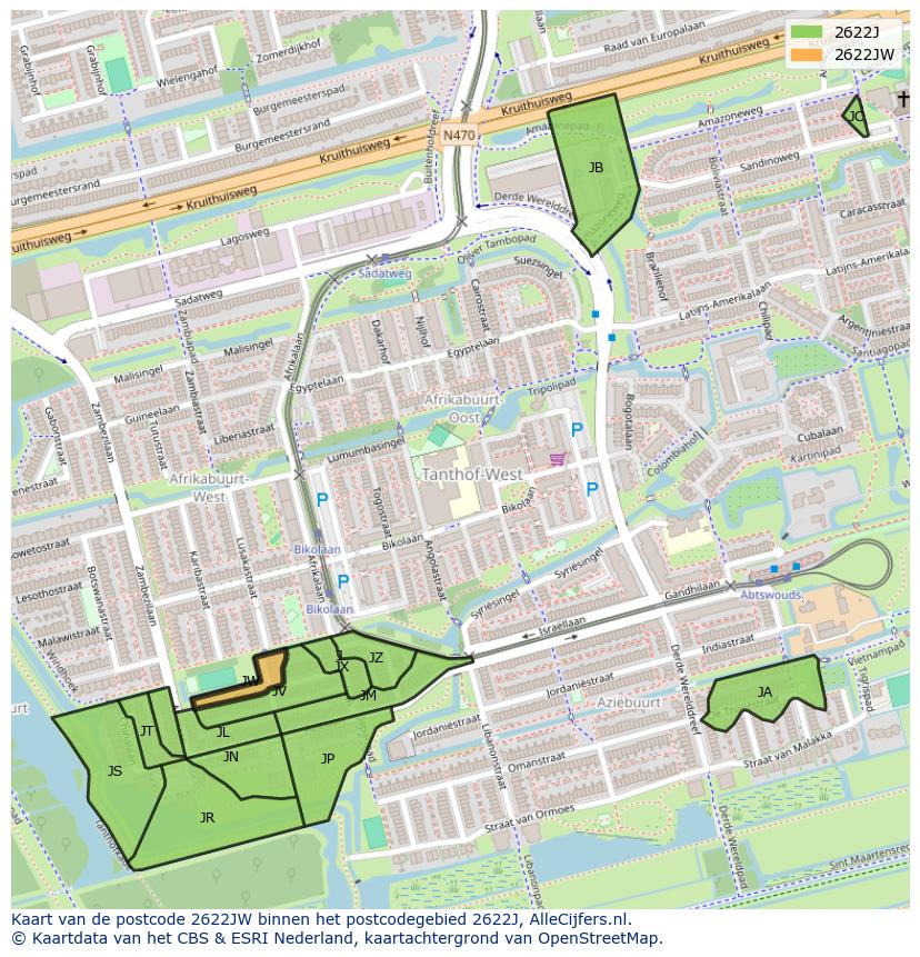 Afbeelding van het postcodegebied 2622 JW op de kaart.