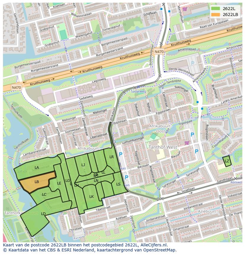 Afbeelding van het postcodegebied 2622 LB op de kaart.