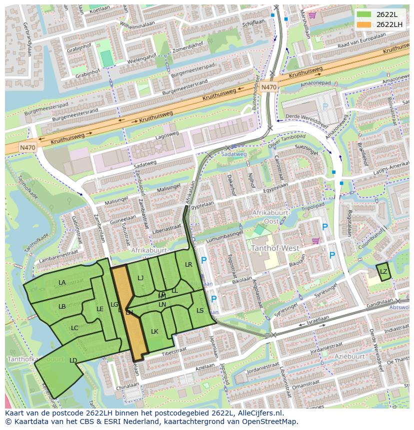 Afbeelding van het postcodegebied 2622 LH op de kaart.