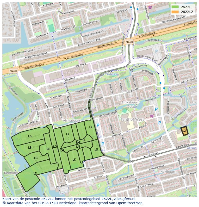 Afbeelding van het postcodegebied 2622 LZ op de kaart.