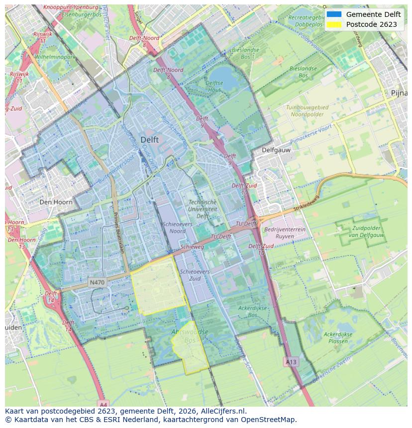 Afbeelding van het postcodegebied 2623 op de kaart.