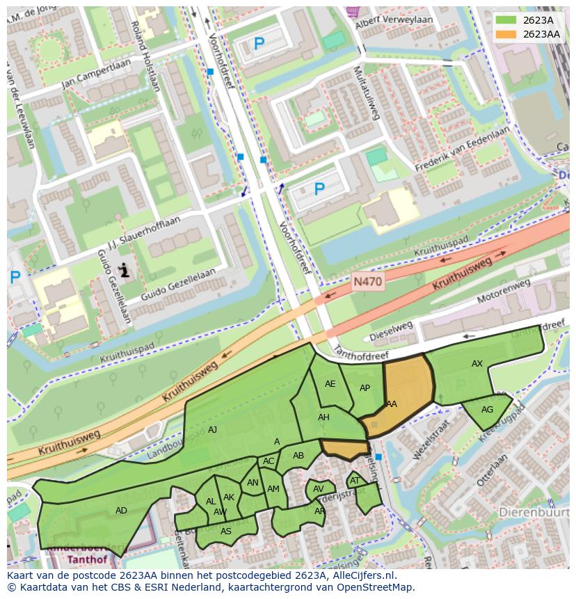 Afbeelding van het postcodegebied 2623 AA op de kaart.