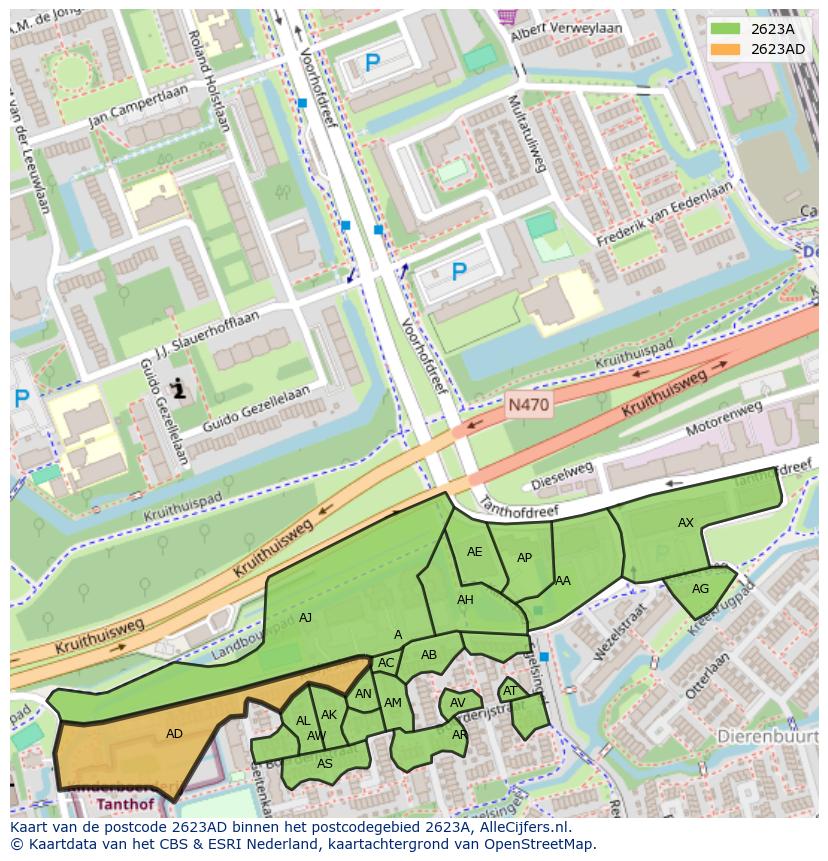 Afbeelding van het postcodegebied 2623 AD op de kaart.