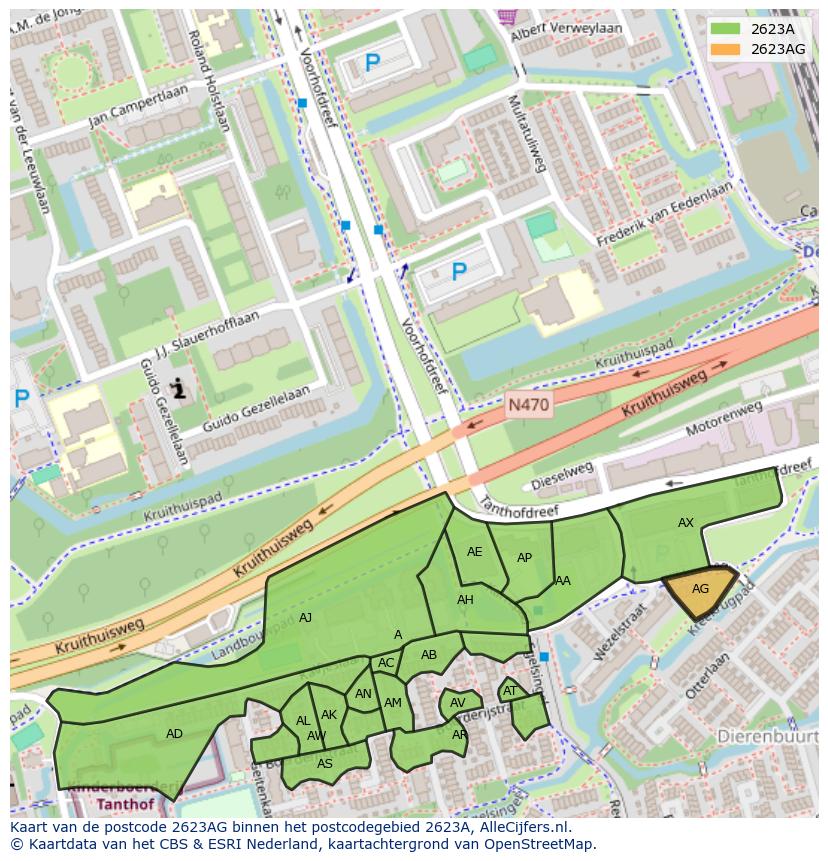 Afbeelding van het postcodegebied 2623 AG op de kaart.
