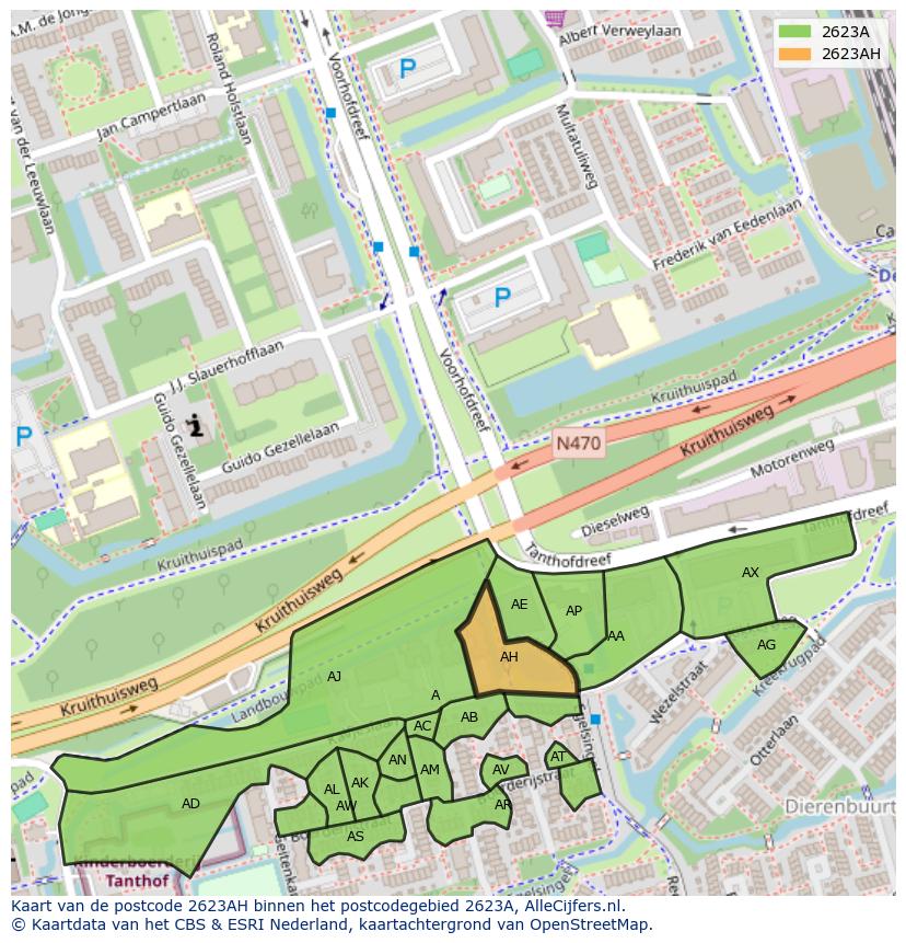Afbeelding van het postcodegebied 2623 AH op de kaart.