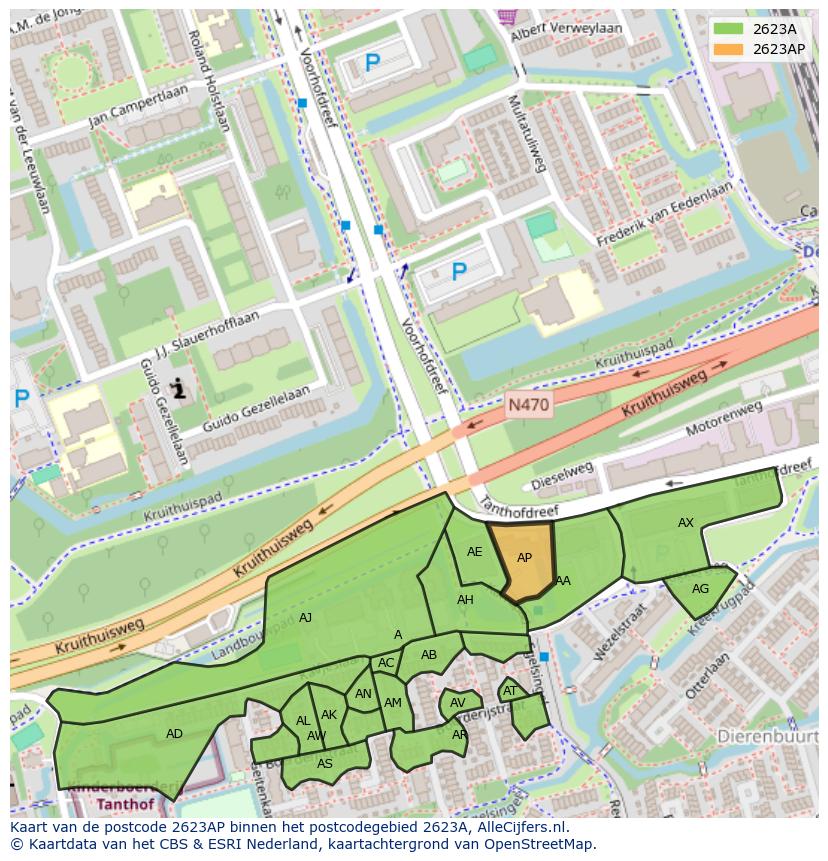 Afbeelding van het postcodegebied 2623 AP op de kaart.