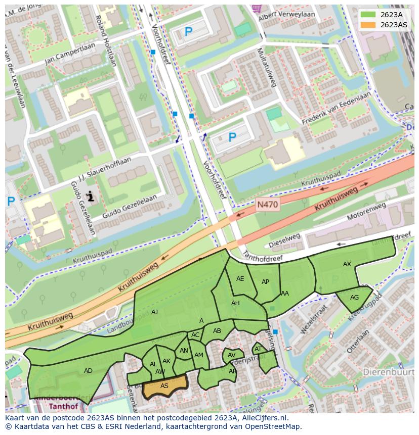 Afbeelding van het postcodegebied 2623 AS op de kaart.