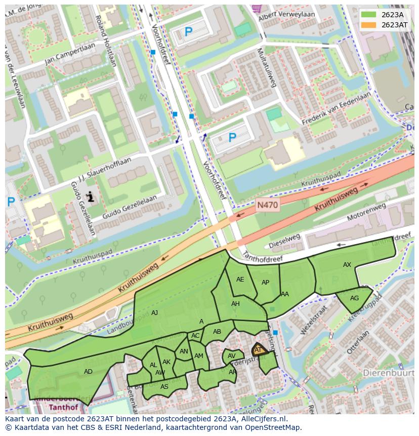 Afbeelding van het postcodegebied 2623 AT op de kaart.