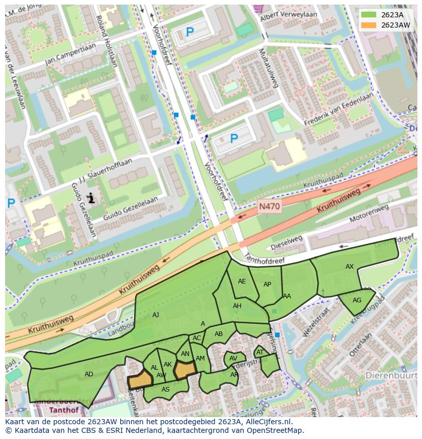 Afbeelding van het postcodegebied 2623 AW op de kaart.