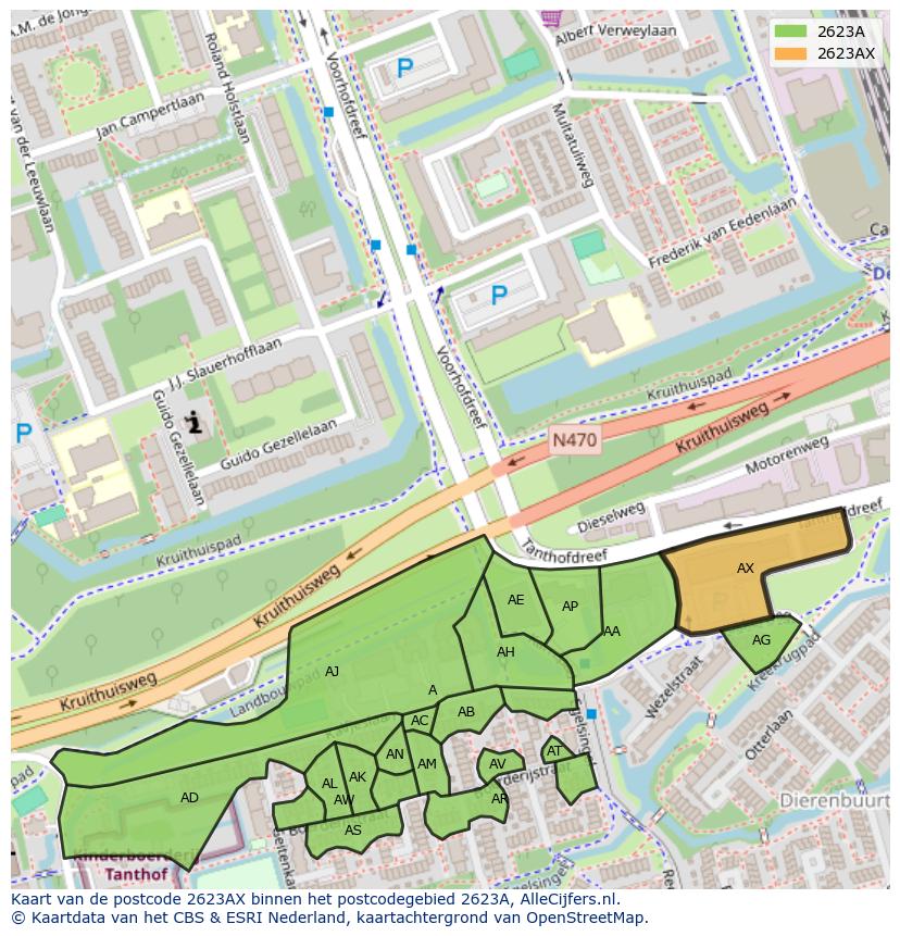 Afbeelding van het postcodegebied 2623 AX op de kaart.